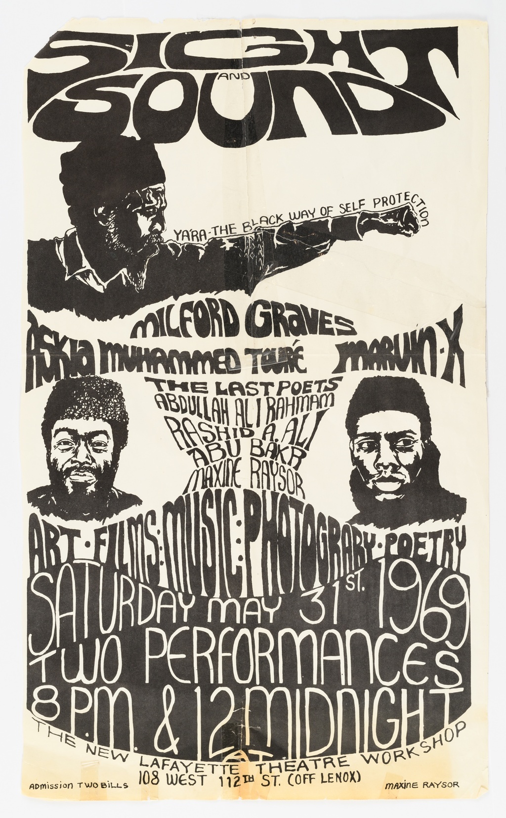 Black and white poster for Sight and Sound. At the top of the poster is an illustrated image of a male figure holding his arm out, his hand in a fist. Text that reads: "Yara - The Black Way of Self Protection" follows his extended arm. Two illustrated images of male figures flank text at the center of the poster.
